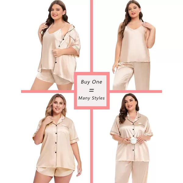 SWOMOG Women Plus Size Pajama Set 4pcs Silk Satin Sleepwear Button Down Pjs Cami Shorts Set Loose Loungewear 16W26WChampagne