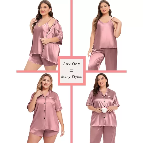 SWOMOG Women Plus Size Pajama Set 4pcs Silk Satin Sleepwear Button Down Pjs Cami Shorts Set Loose Loungewear 16W26WMisty Rose