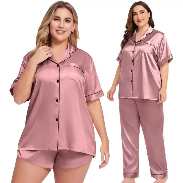 SWOMOG Women Plus Size Pajama Set 4pcs Silk Satin Sleepwear Button Down Pjs Cami Shorts Set Loose Loungewear 16W26WMisty Rose