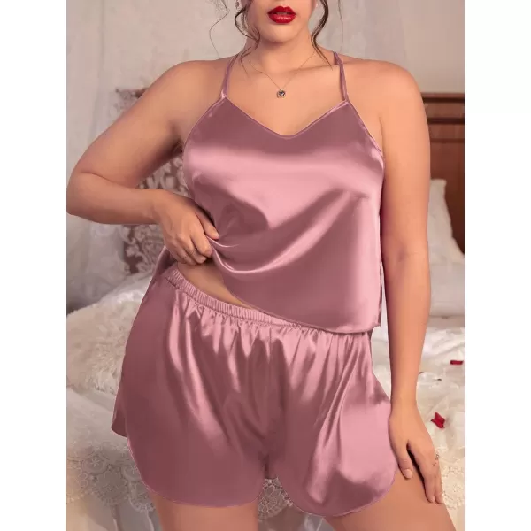 SWOMOG Women Plus Size Pajama Set 4pcs Silk Satin Sleepwear Button Down Pjs Cami Shorts Set Loose Loungewear 16W26WMisty Rose