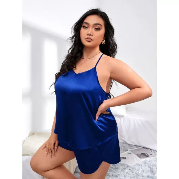 SWOMOG Women Plus Size Pajama Set 4pcs Silk Satin Sleepwear Button Down Pjs Cami Shorts Set Loose Loungewear 16W26WNavy Blue