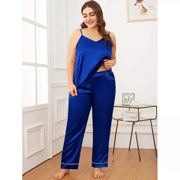 SWOMOG Women Plus Size Pajama Set 4pcs Silk Satin Sleepwear Button Down Pjs Cami Shorts Set Loose Loungewear 16W26WNavy Blue