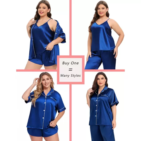 SWOMOG Women Plus Size Pajama Set 4pcs Silk Satin Sleepwear Button Down Pjs Cami Shorts Set Loose Loungewear 16W26WNavy Blue