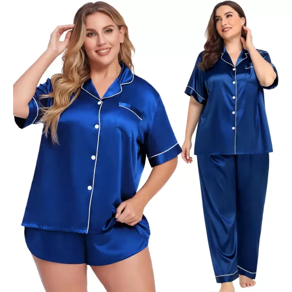 SWOMOG Women Plus Size Pajama Set 4pcs Silk Satin Sleepwear Button Down Pjs Cami Shorts Set Loose Loungewear 16W26WNavy Blue