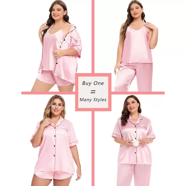 SWOMOG Women Plus Size Pajama Set 4pcs Silk Satin Sleepwear Button Down Pjs Cami Shorts Set Loose Loungewear 16W26WPink