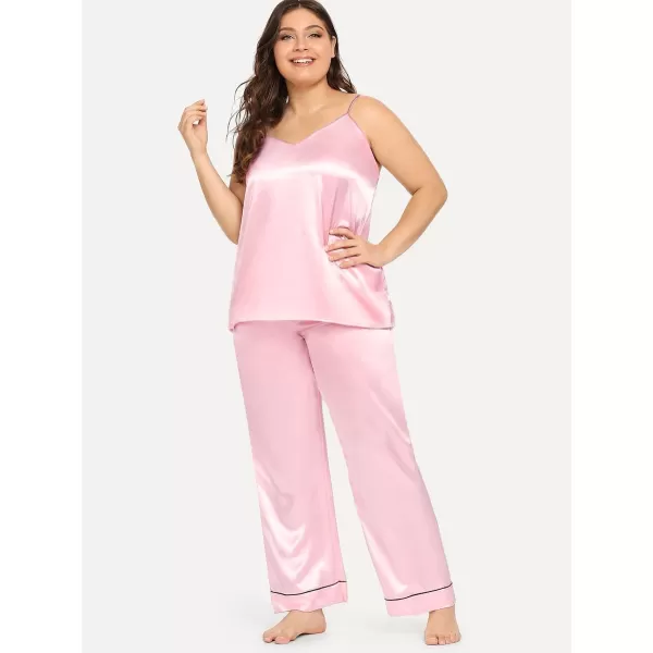 SWOMOG Women Plus Size Pajama Set 4pcs Silk Satin Sleepwear Button Down Pjs Cami Shorts Set Loose Loungewear 16W26WPink