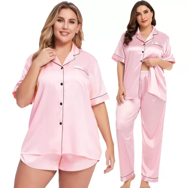 SWOMOG Women Plus Size Pajama Set 4pcs Silk Satin Sleepwear Button Down Pjs Cami Shorts Set Loose Loungewear 16W26WPink