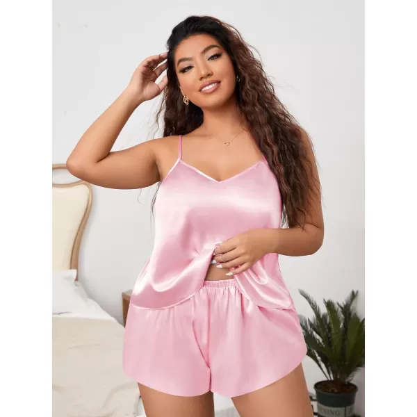 SWOMOG Women Plus Size Pajama Set 4pcs Silk Satin Sleepwear Button Down Pjs Cami Shorts Set Loose Loungewear 16W26WPink