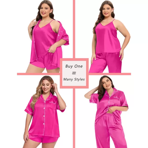 SWOMOG Women Plus Size Pajama Set 4pcs Silk Satin Sleepwear Button Down Pjs Cami Shorts Set Loose Loungewear 16W26WRose Red