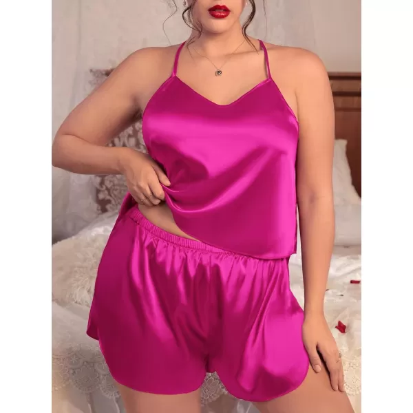 SWOMOG Women Plus Size Pajama Set 4pcs Silk Satin Sleepwear Button Down Pjs Cami Shorts Set Loose Loungewear 16W26WRose Red