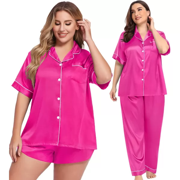 SWOMOG Women Plus Size Pajama Set 4pcs Silk Satin Sleepwear Button Down Pjs Cami Shorts Set Loose Loungewear 16W26WRose Red