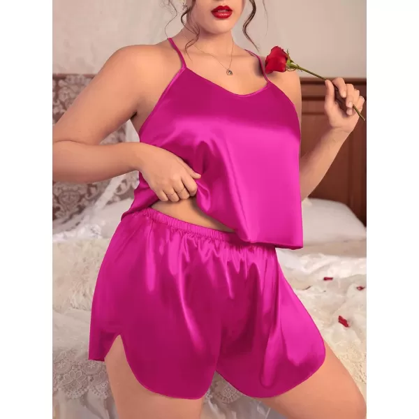 SWOMOG Women Plus Size Pajama Set 4pcs Silk Satin Sleepwear Button Down Pjs Cami Shorts Set Loose Loungewear 16W26WRose Red