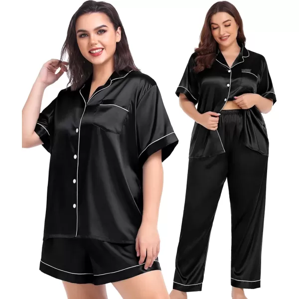 SWOMOG Women Plus Size Pajama Set Button Down Pjs 3pcs Silk Satin Sleepwear Loose Shorts Sleeve Loungewear 18W26WBlack