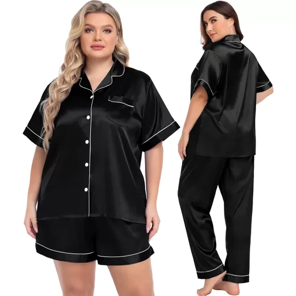 SWOMOG Women Plus Size Pajama Set Button Down Pjs 3pcs Silk Satin Sleepwear Loose Shorts Sleeve Loungewear 18W26WBlack