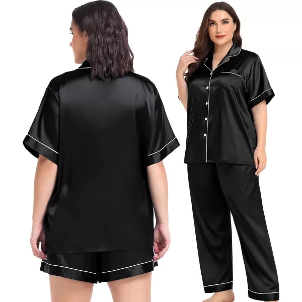 SWOMOG Women Plus Size Pajama Set Button Down Pjs 3pcs Silk Satin Sleepwear Loose Shorts Sleeve Loungewear 18W26WBlack