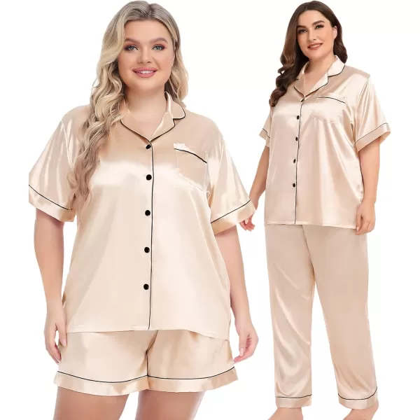 SWOMOG Women Plus Size Pajama Set Button Down Pjs 3pcs Silk Satin Sleepwear Loose Shorts Sleeve Loungewear 18W26WChampagne