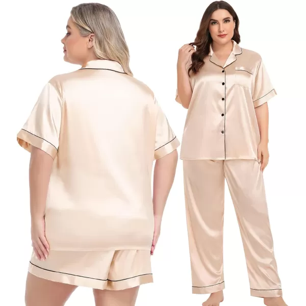 SWOMOG Women Plus Size Pajama Set Button Down Pjs 3pcs Silk Satin Sleepwear Loose Shorts Sleeve Loungewear 18W26WChampagne