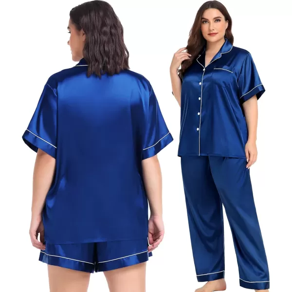 SWOMOG Women Plus Size Pajama Set Button Down Pjs 3pcs Silk Satin Sleepwear Loose Shorts Sleeve Loungewear 18W26WNavy Blue