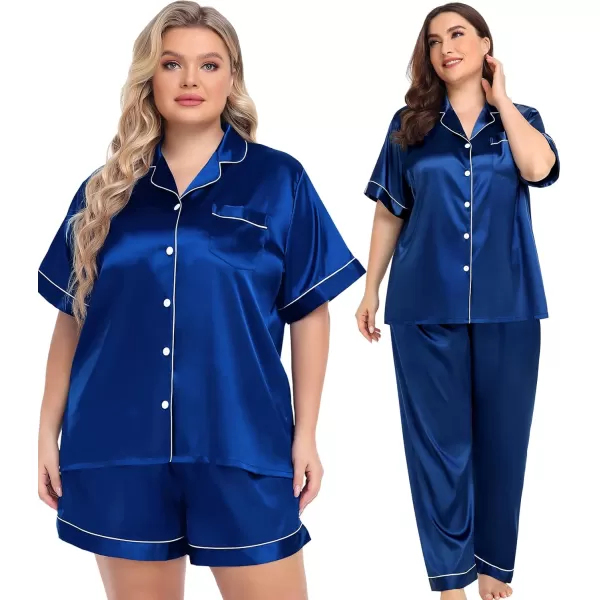 SWOMOG Women Plus Size Pajama Set Button Down Pjs 3pcs Silk Satin Sleepwear Loose Shorts Sleeve Loungewear 18W26WNavy Blue