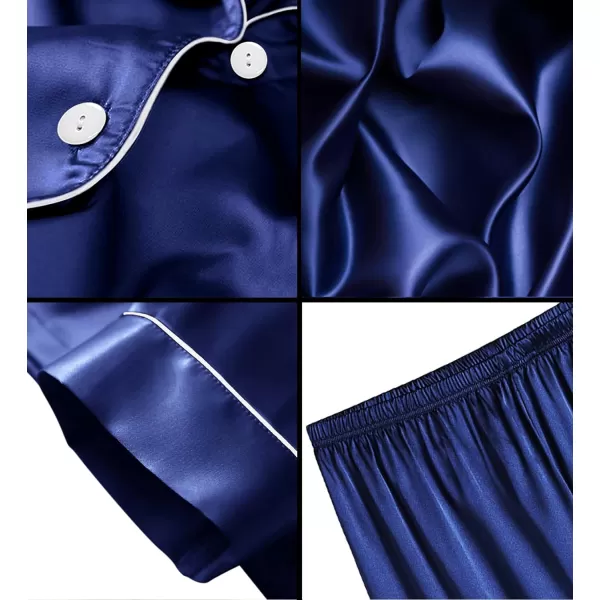 SWOMOG Women Plus Size Pajama Set Button Down Pjs 3pcs Silk Satin Sleepwear Loose Shorts Sleeve Loungewear 18W26WNavy Blue