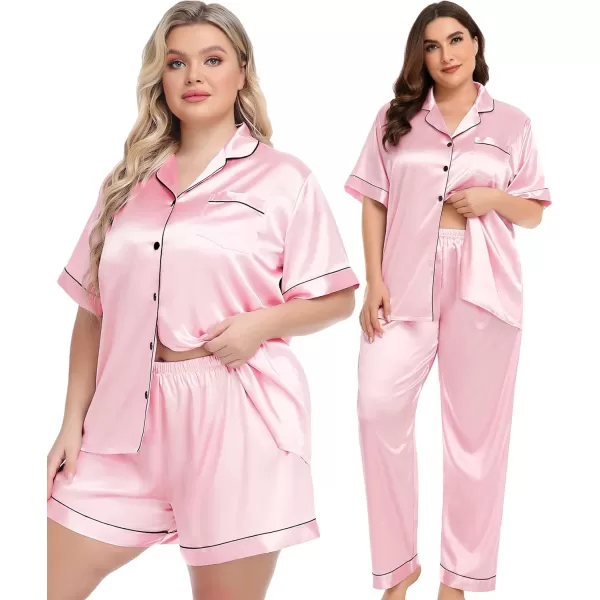 SWOMOG Women Plus Size Pajama Set Button Down Pjs 3pcs Silk Satin Sleepwear Loose Shorts Sleeve Loungewear 18W26WPink