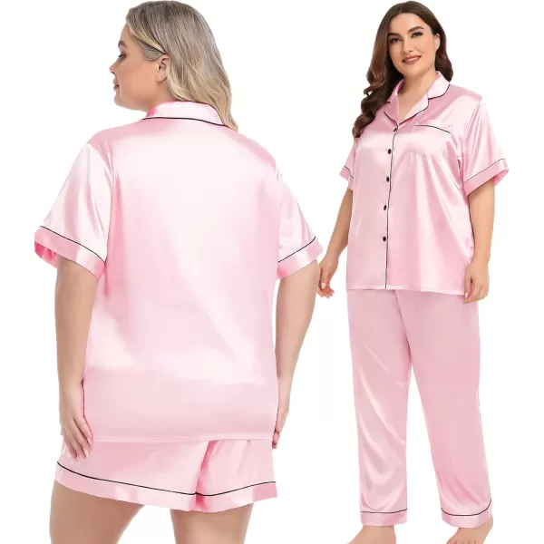 SWOMOG Women Plus Size Pajama Set Button Down Pjs 3pcs Silk Satin Sleepwear Loose Shorts Sleeve Loungewear 18W26WPink