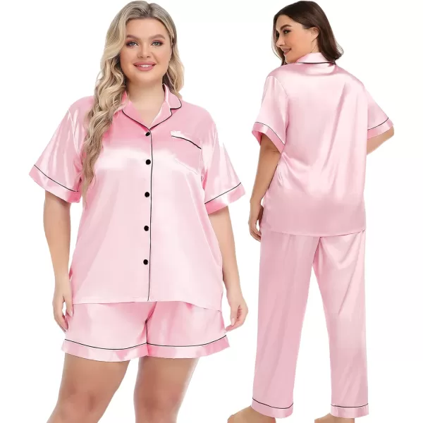 SWOMOG Women Plus Size Pajama Set Button Down Pjs 3pcs Silk Satin Sleepwear Loose Shorts Sleeve Loungewear 18W26WPink