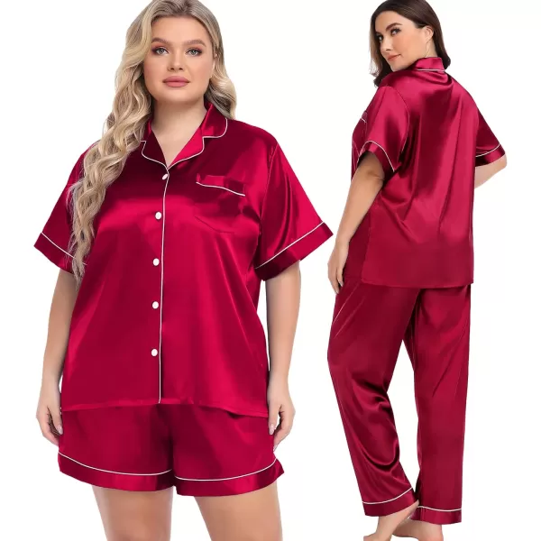 SWOMOG Women Plus Size Pajama Set Button Down Pjs 3pcs Silk Satin Sleepwear Loose Shorts Sleeve Loungewear 18W26WRed