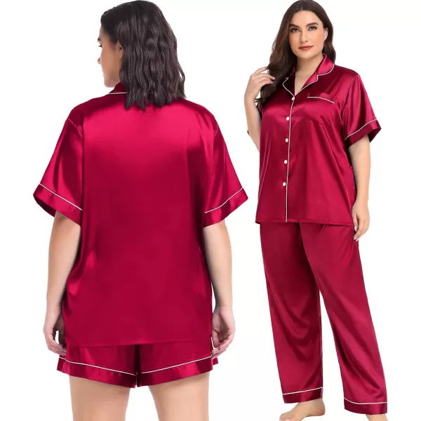 SWOMOG Women Plus Size Pajama Set Button Down Pjs 3pcs Silk Satin Sleepwear Loose Shorts Sleeve Loungewear 18W26WRed