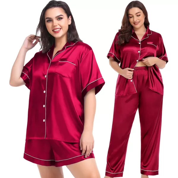 SWOMOG Women Plus Size Pajama Set Button Down Pjs 3pcs Silk Satin Sleepwear Loose Shorts Sleeve Loungewear 18W26WRed