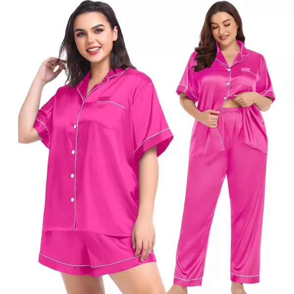 SWOMOG Women Plus Size Pajama Set Button Down Pjs 3pcs Silk Satin Sleepwear Loose Shorts Sleeve Loungewear 18W26WRose Red