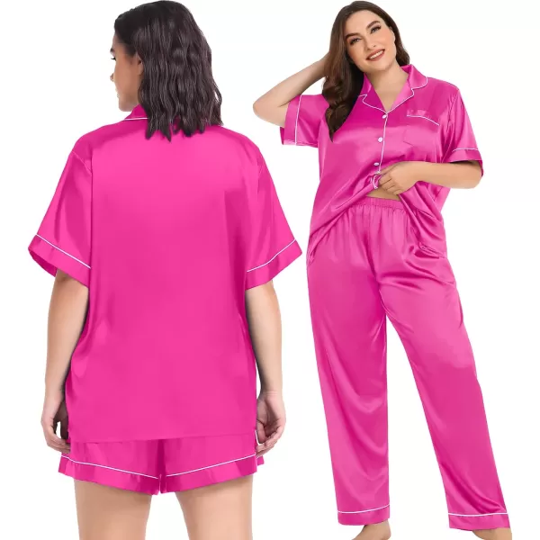 SWOMOG Women Plus Size Pajama Set Button Down Pjs 3pcs Silk Satin Sleepwear Loose Shorts Sleeve Loungewear 18W26WRose Red