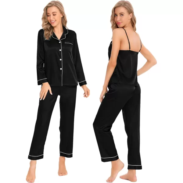 SWOMOG Women Satin Pajamas 4pcs Pajama Set Sexy Cami Shorts Set and Button Down Long Sleeve Pjs Loungewear SleepwearBlack