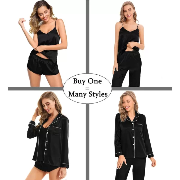 SWOMOG Women Satin Pajamas 4pcs Pajama Set Sexy Cami Shorts Set and Button Down Long Sleeve Pjs Loungewear SleepwearBlack