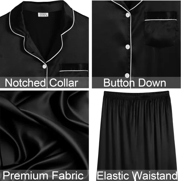 SWOMOG Women Satin Pajamas 4pcs Pajama Set Sexy Cami Shorts Set and Button Down Long Sleeve Pjs Loungewear SleepwearBlack