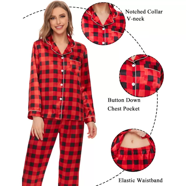 SWOMOG Women Satin Pajamas 4pcs Pajama Set Sexy Cami Shorts Set and Button Down Long Sleeve Pjs Loungewear SleepwearBlackampredplaid