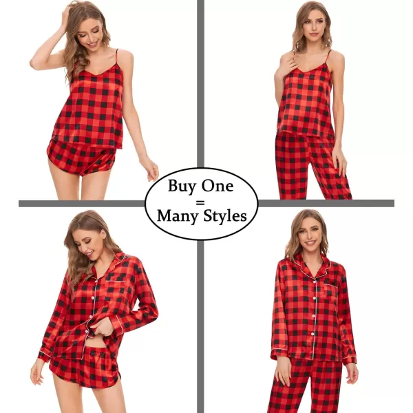 SWOMOG Women Satin Pajamas 4pcs Pajama Set Sexy Cami Shorts Set and Button Down Long Sleeve Pjs Loungewear SleepwearBlackampredplaid