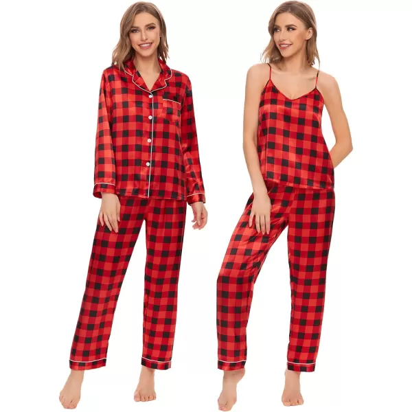 SWOMOG Women Satin Pajamas 4pcs Pajama Set Sexy Cami Shorts Set and Button Down Long Sleeve Pjs Loungewear SleepwearBlackampredplaid