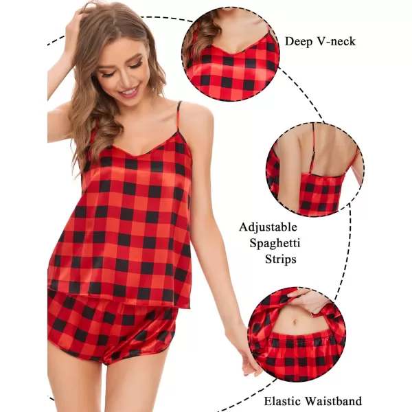 SWOMOG Women Satin Pajamas 4pcs Pajama Set Sexy Cami Shorts Set and Button Down Long Sleeve Pjs Loungewear SleepwearBlackampredplaid