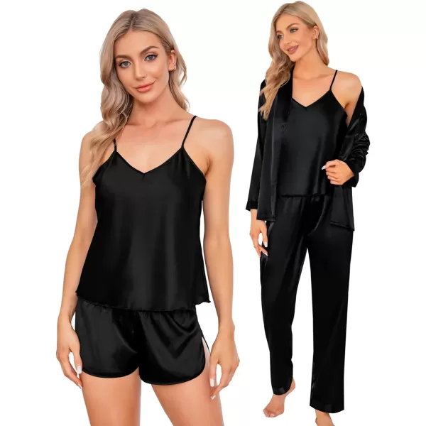 SWOMOG Women Satin Pajamas 4pcs Pajama Set Sexy Cami Shorts Set and Button Down Long Sleeve Pjs Loungewear SleepwearBlacksolid Color