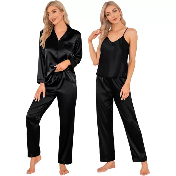 SWOMOG Women Satin Pajamas 4pcs Pajama Set Sexy Cami Shorts Set and Button Down Long Sleeve Pjs Loungewear SleepwearBlacksolid Color