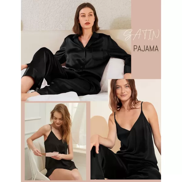 SWOMOG Women Satin Pajamas 4pcs Pajama Set Sexy Cami Shorts Set and Button Down Long Sleeve Pjs Loungewear SleepwearBlacksolid Color