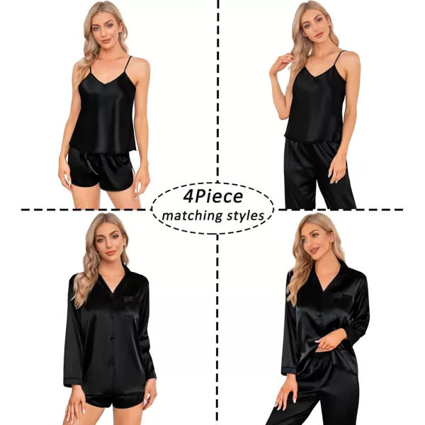 SWOMOG Women Satin Pajamas 4pcs Pajama Set Sexy Cami Shorts Set and Button Down Long Sleeve Pjs Loungewear SleepwearBlacksolid Color