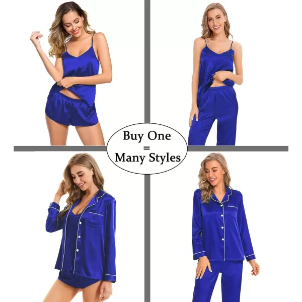 SWOMOG Women Satin Pajamas 4pcs Pajama Set Sexy Cami Shorts Set and Button Down Long Sleeve Pjs Loungewear SleepwearBlue