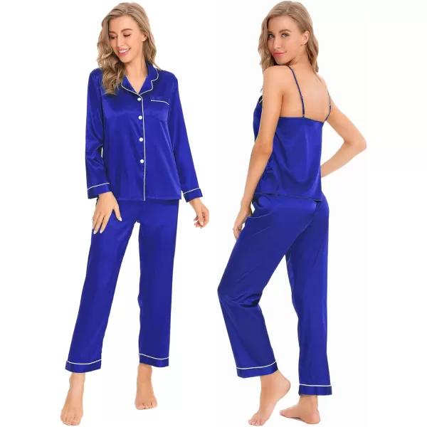 SWOMOG Women Satin Pajamas 4pcs Pajama Set Sexy Cami Shorts Set and Button Down Long Sleeve Pjs Loungewear SleepwearBlue