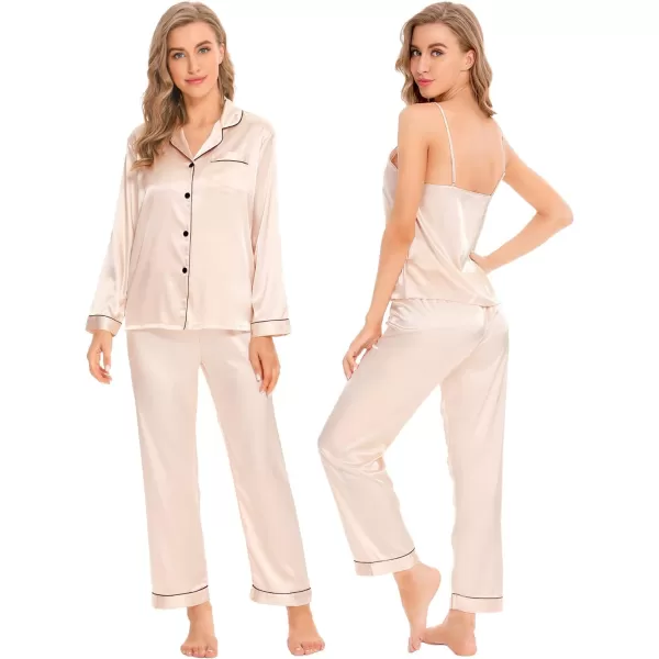 SWOMOG Women Satin Pajamas 4pcs Pajama Set Sexy Cami Shorts Set and Button Down Long Sleeve Pjs Loungewear SleepwearChampagne