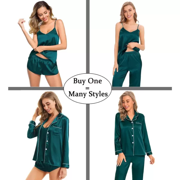 SWOMOG Women Satin Pajamas 4pcs Pajama Set Sexy Cami Shorts Set and Button Down Long Sleeve Pjs Loungewear SleepwearDark Green