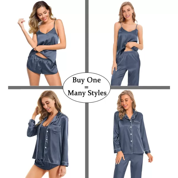 SWOMOG Women Satin Pajamas 4pcs Pajama Set Sexy Cami Shorts Set and Button Down Long Sleeve Pjs Loungewear SleepwearDeep Grey