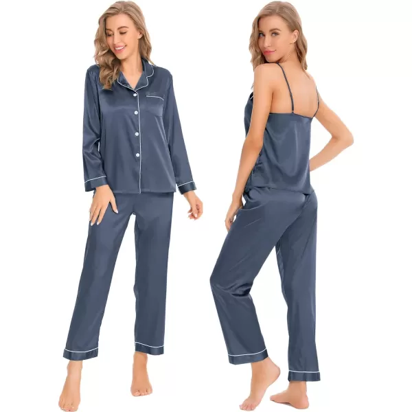 SWOMOG Women Satin Pajamas 4pcs Pajama Set Sexy Cami Shorts Set and Button Down Long Sleeve Pjs Loungewear SleepwearDeep Grey