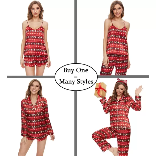 SWOMOG Women Satin Pajamas 4pcs Pajama Set Sexy Cami Shorts Set and Button Down Long Sleeve Pjs Loungewear SleepwearElksnowtree